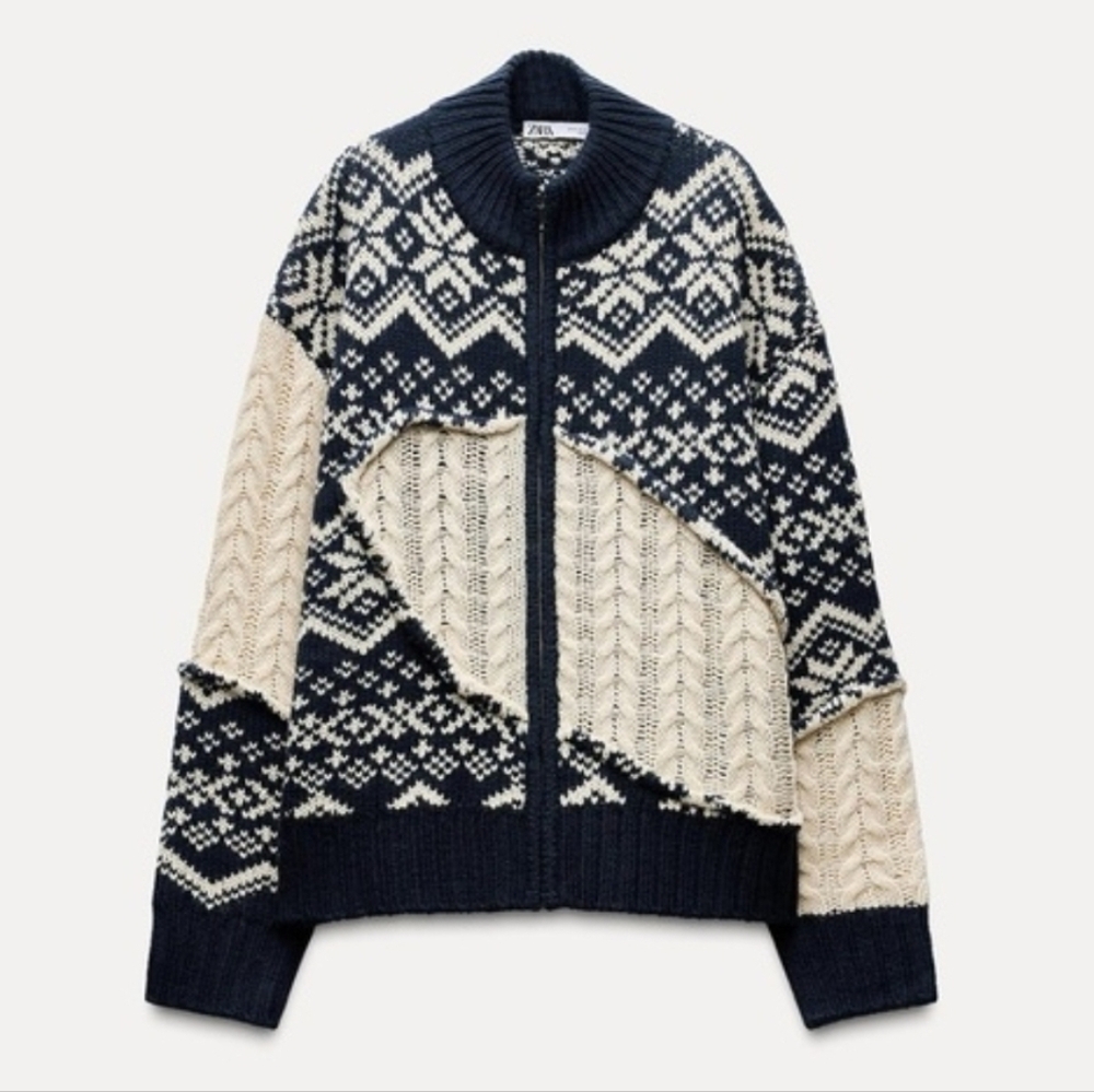 Sz M ZARA Cable Knit Jacquard Knit Cardigan Sweater Wool Blue Ivory Colorblock